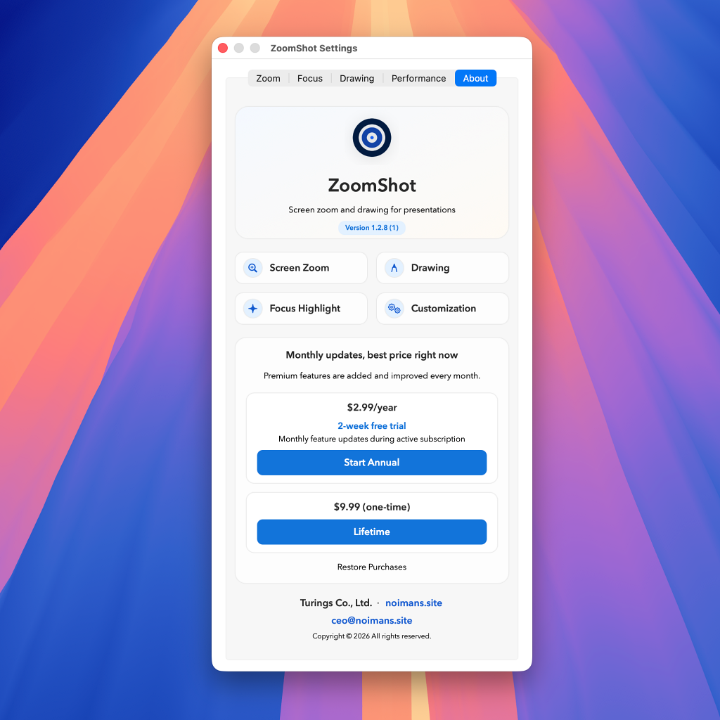TuringShot pricing — free zoom, premium focus, lens, drawing, and memo